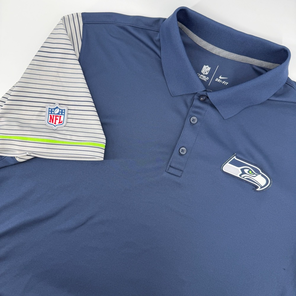 Nike Seattle Seahawks Polo Mens XL Navy Blue Striped Sleeve Dri-FIT Performance